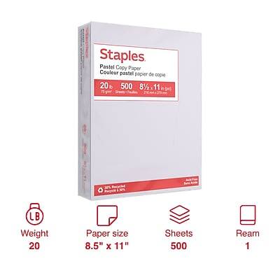 Staples Pastel Copy Paper  
Couleur pastel papier de copie  

20 lb  
500 sheets  
8½ x 11 in (po)  

75% Recycled  

Weight: 20 lb  
Paper size: 8.5" x 11"  
Sheets: 500  
Ream: 1