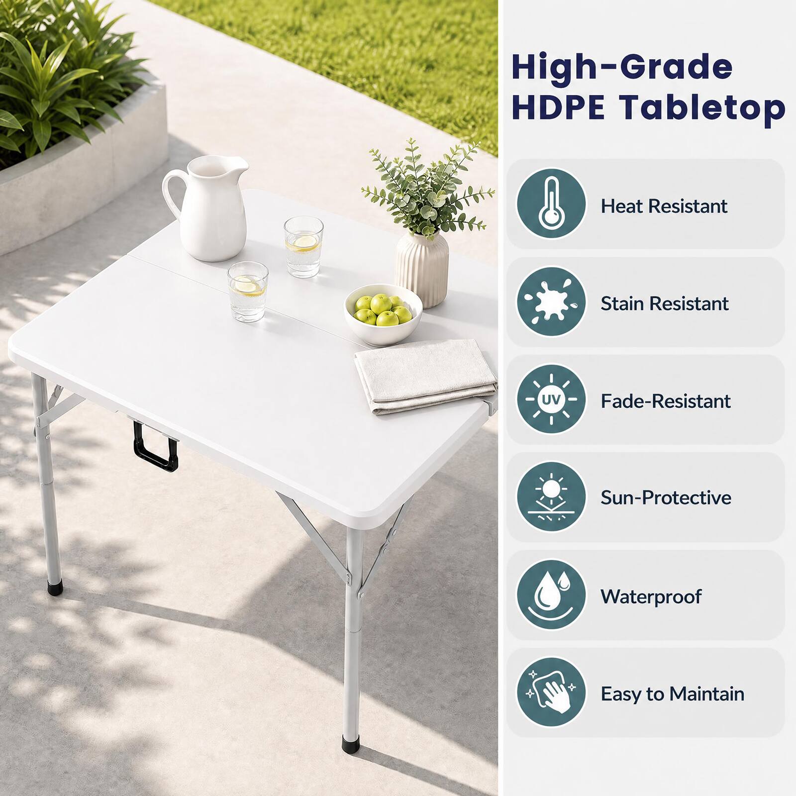 High-Grade HDPE Tabletop

- Heat Resistant
- Stain Resistant
- Fade-Resistant
- Sun-Protective
- Waterproof
- Easy to Maintain