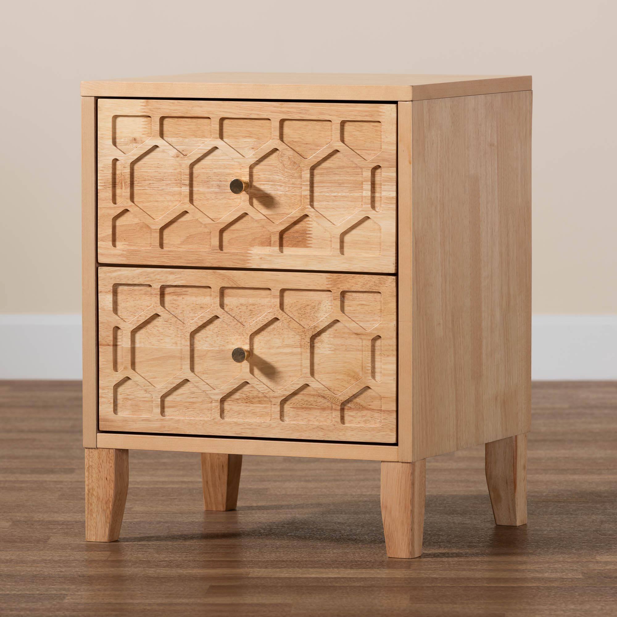 Alt View 5. Baxton Studio - Hosea Japandi Carved Honeycomb Natural 2-Drawer Nightstand - Natural.