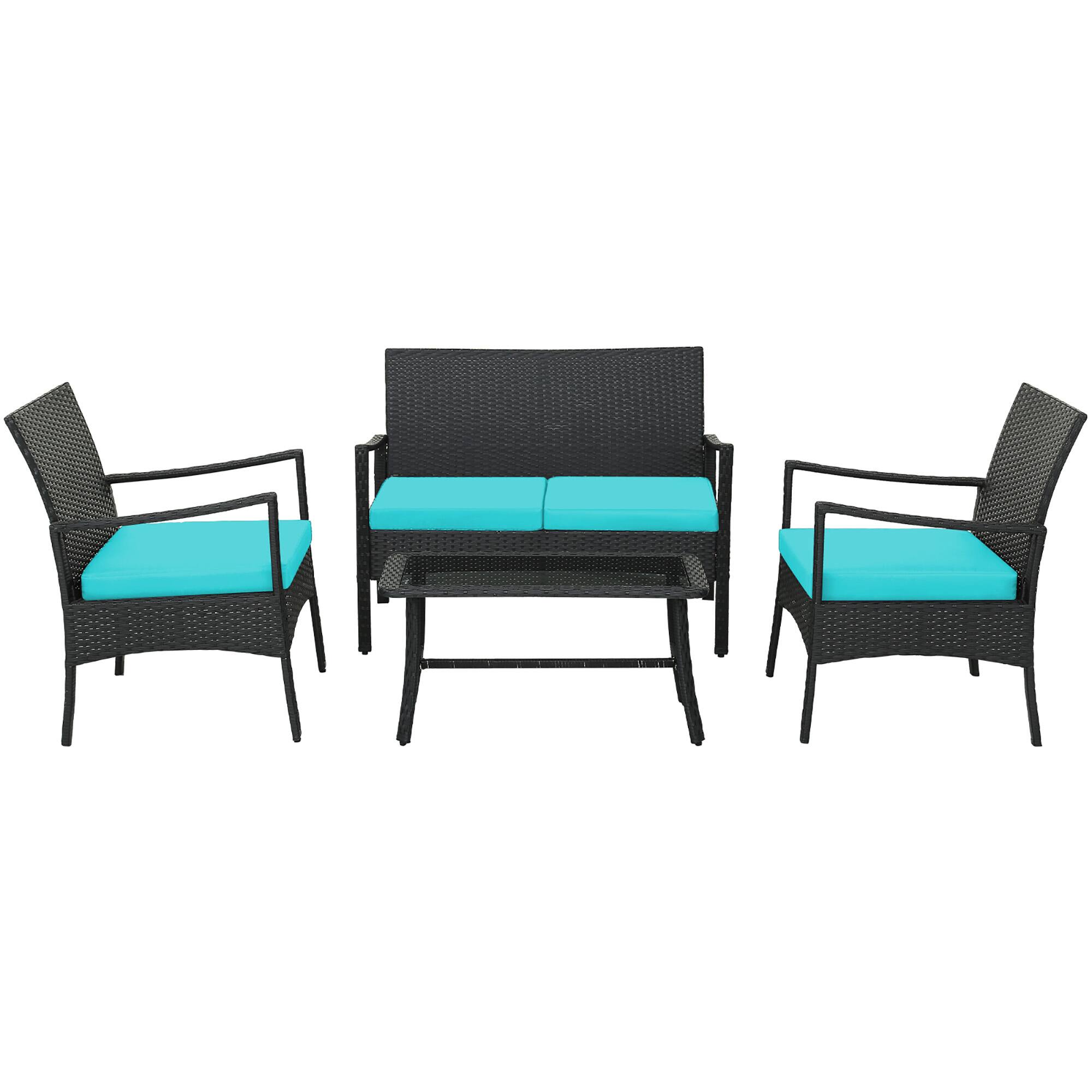 Alt View 8. Gymax - Gymax 4PCS Patio Rattan PE Wicker Furniture Conversation Set w/ Sofa Chair & Table - Turquoise.