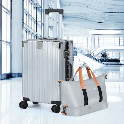 Front. Oumilen - 2 Piece Silver Travel Set – 20" ABS Aluminum Carry On with TSA Lock + Expandable Tote, Silent Wheels - Silver.