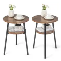 Costway - 2PCS 2-Tier Bedside End Table Round Nightstand for Bedroom Living Room - Walnut - Front_Zoom