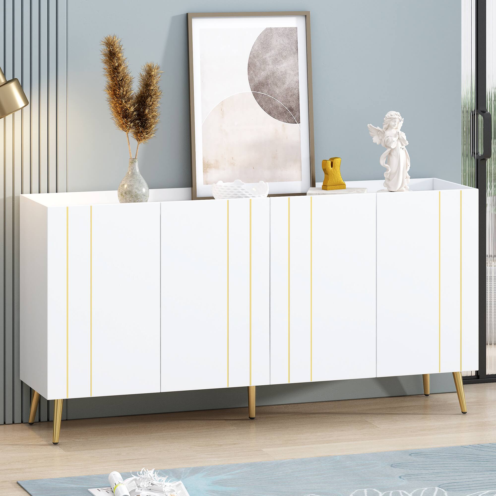 Back. Spaco - Spaco 70" Shoe Cabinet with 4 Adjustable Shelves, Gold Trim Doors & Metal Legs, Multifunctional for Living Room - White.