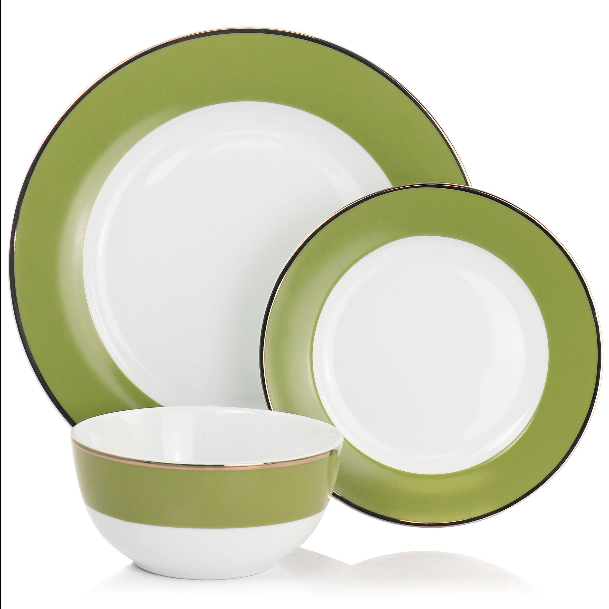 Alt View 1. Martha Stewart - Martha Stewart Gold Rimmed 12 Piece Fine Ceramic Dinnerware Set in Green - Green.
