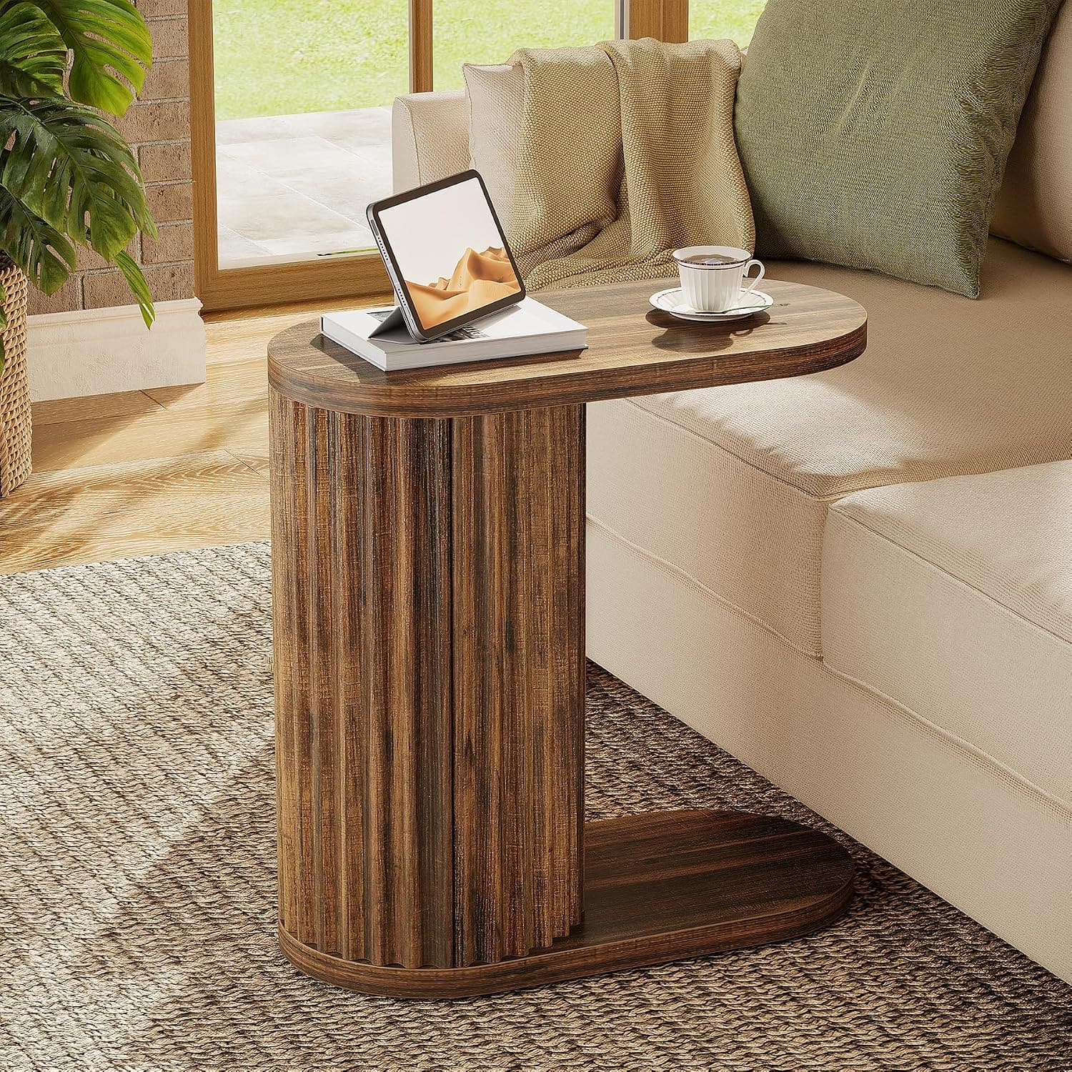 Tribesigns - End Table with Engineered Wood Construction and Fluted Design for Books, Drinks and Everyday Essentials - Brown