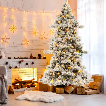 Front. Gymax - Gymax 7 FT Pre-Lit Snow-Flocked Christmas Tree Artificial Hinged Xmas Tree w/ 1057 Branch Tips & 420 LED Lights - Green, White.