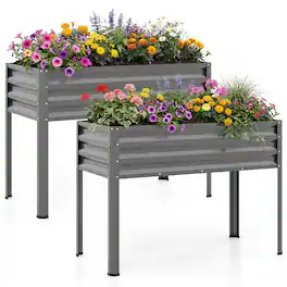 Costway - 2 PCS Raised Garden Bed with Legs, Electro-Coating Metal Large Elevated Planter Box - Gray