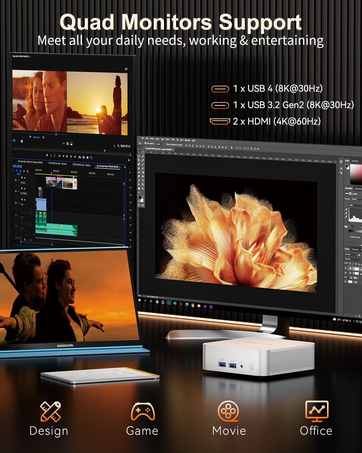 Quad Monitors Support  
Meet all your daily needs, working & entertaining  

1 x USB 4 (8K@30Hz)  
1 x USB 3.2 Gen2 (8K@30Hz)  
2 x HDMI (4K@60Hz)  

Design  
Game  
Movie  
Office