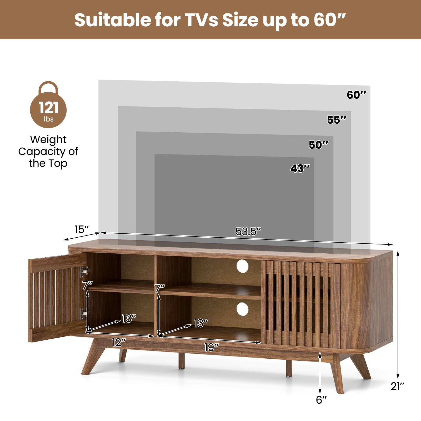 Suitable for TVs Size up to 60"

Weight Capacity of the Top: 121 lbs

Dimensions:
- Width: 53.5"
- Depth: 15"
- Height: 21"
- TV Size Compatibility: 60", 55", 50", 43"
- Shelf Dimensions: 13" x 12", 7" x 6"