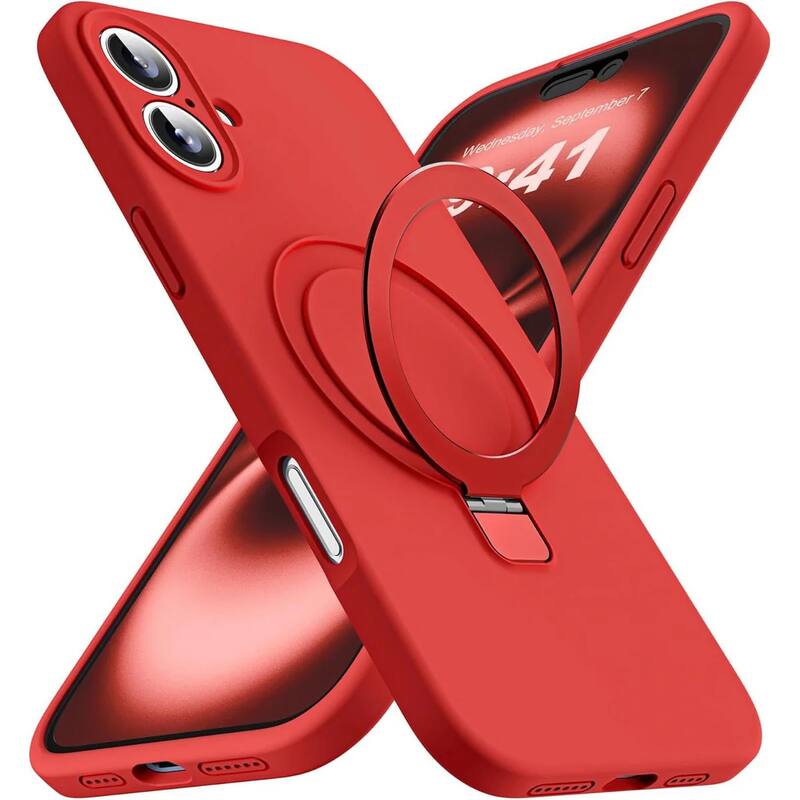 Entronix - Magnetic iPhone 17 Case - Soft-Touch Liquid Silicone with Built-in Stand - Red