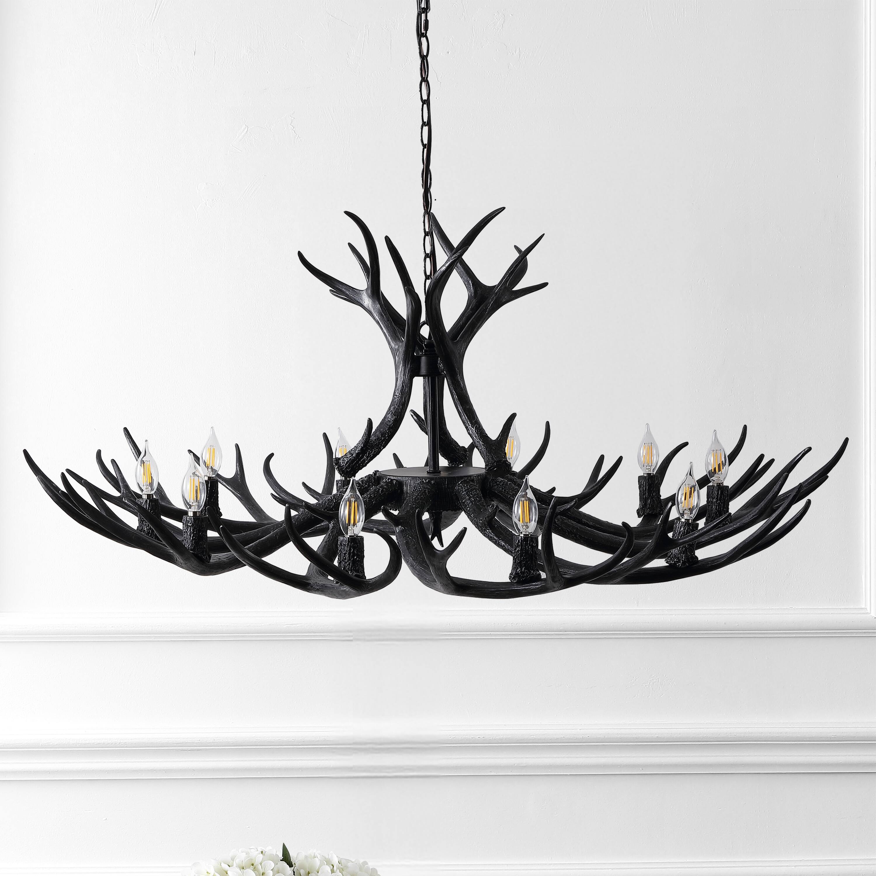 Alt View 5. Jonathan Y - Eldora 49" 10-Light Rustic Farmhouse Adjustable Resin Antler LED Chandelier, Black - Black.