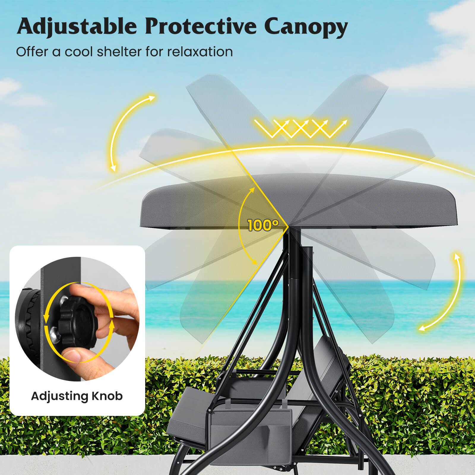 Adjustable Protective Canopy  
Offer a cool shelter for relaxation  

Adjusting Knob