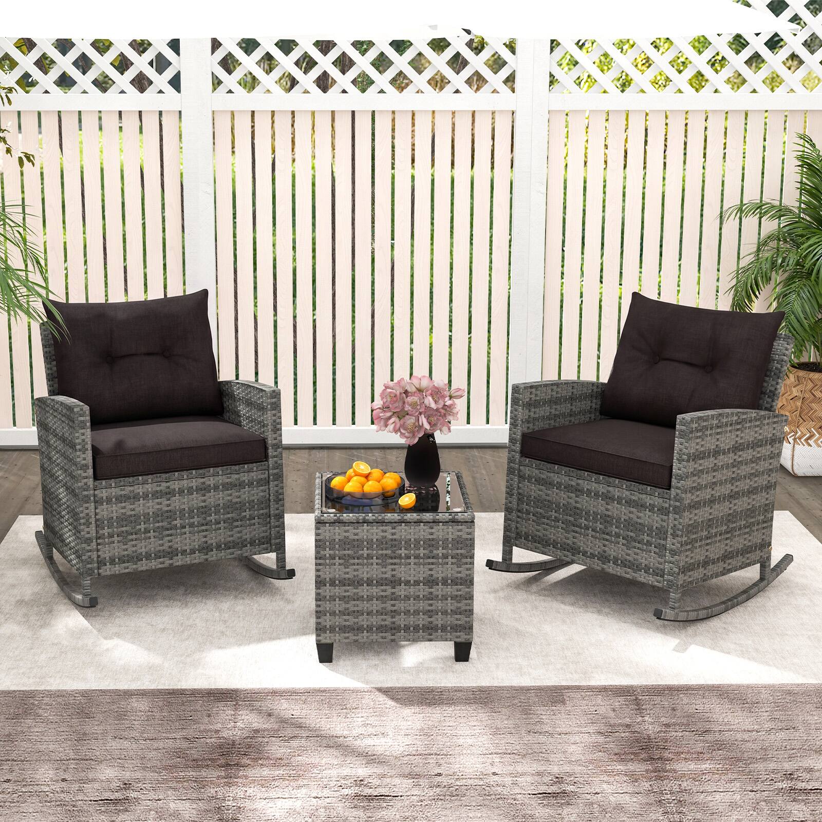 Alt View 1. Costway - Costway 3 PCS Patio Wicker Rocking Set with Tempered Glass Table & Soft Cushions Outdoor - Black, Mix Gray.