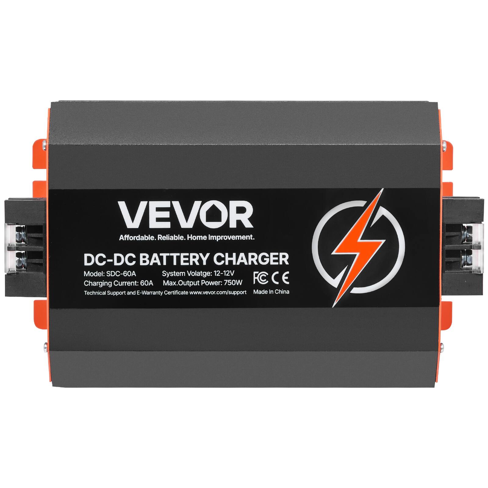 VEVOR  
Affordable. Reliable. Home Improvement.  

DC-DC BATTERY CHARGER  
Model: SDC-60A  
System Voltage: 12-12V  
Charging Current: 60A  
Max. Output Power: 750W  

FC CE  
Technical Support and E-Warranty Certificate: www.vevor.com/support  
Made In China