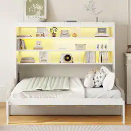 Whisen - Full Size Murphy Bed with Folding Sofa, Integrated Storage Shelves and LED Lighting - Beige