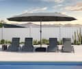 Front. PURPLE LEAF - 15 ft. Patio Market Umbrella with Base Double-Sided Outdoor Table Sun Umbrellas with Crank for Pool Beach Deck Backyard - Gray.