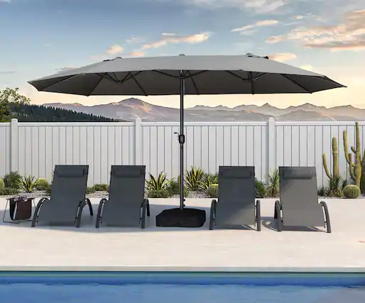 Front. PURPLE LEAF - 15 ft. Patio Market Umbrella with Base Double-Sided Outdoor Table Sun Umbrellas with Crank for Pool Beach Deck Backyard - Gray.