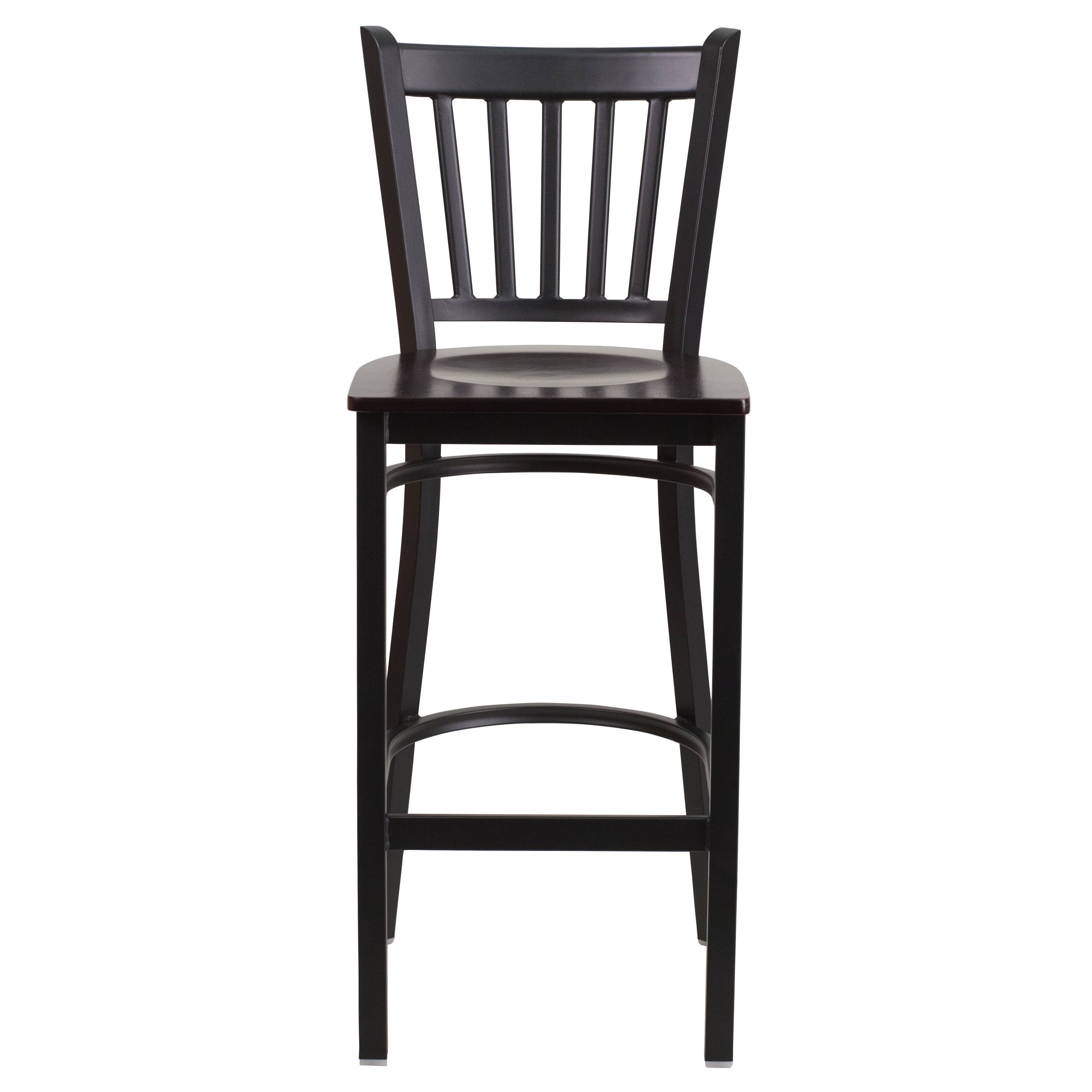 Alt View 6. Emma + Oliver - 2 Pack Vertical Back Metal Restaurant Barstool - Walnut Wood Seat/Black Metal Frame.