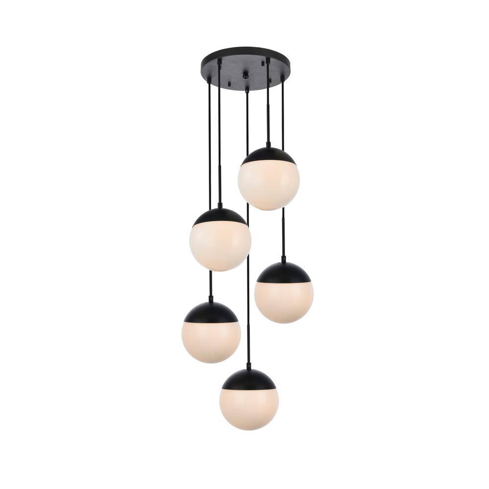 Alt View 2. Living District - Eclipse 5 Lights Black Pendant With Frosted White Glass - Black And Frosted White.