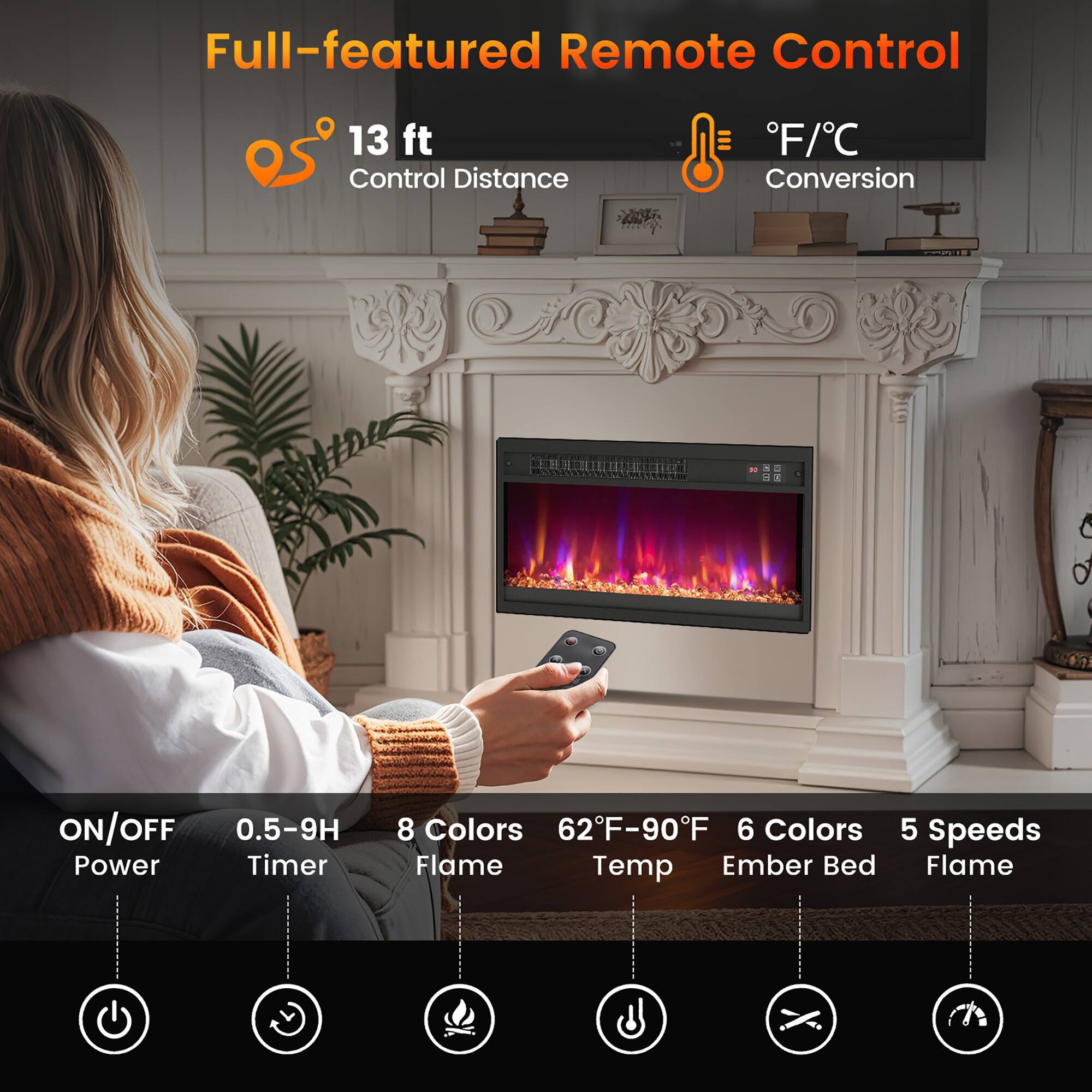 Full-featured Remote Control

- 13 ft Control Distance
- °F/°C Conversion

ON/OFF Power
0.5-9H Timer
8 Colors Flame
62°F-90°F Temp
6 Colors Ember Bed
5 Speeds Flame