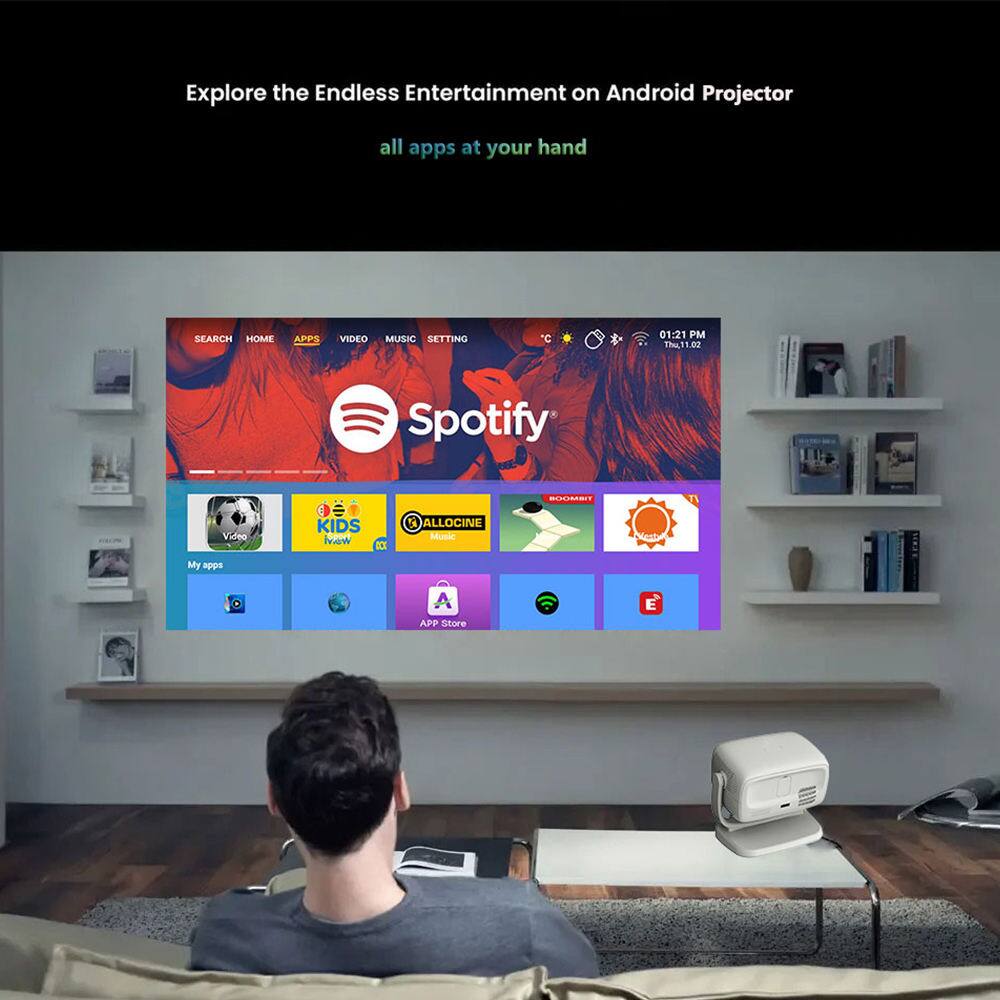 Explore the Endless Entertainment on Android Projector  
all apps at your hand

SEARCH HOME APPS VIDEO MUSIC SETTING

Spotify

My apps

- Video
- KIDS Now
- ALLOCINE Music
- APP Store

01:21 PM Thu. 11.02