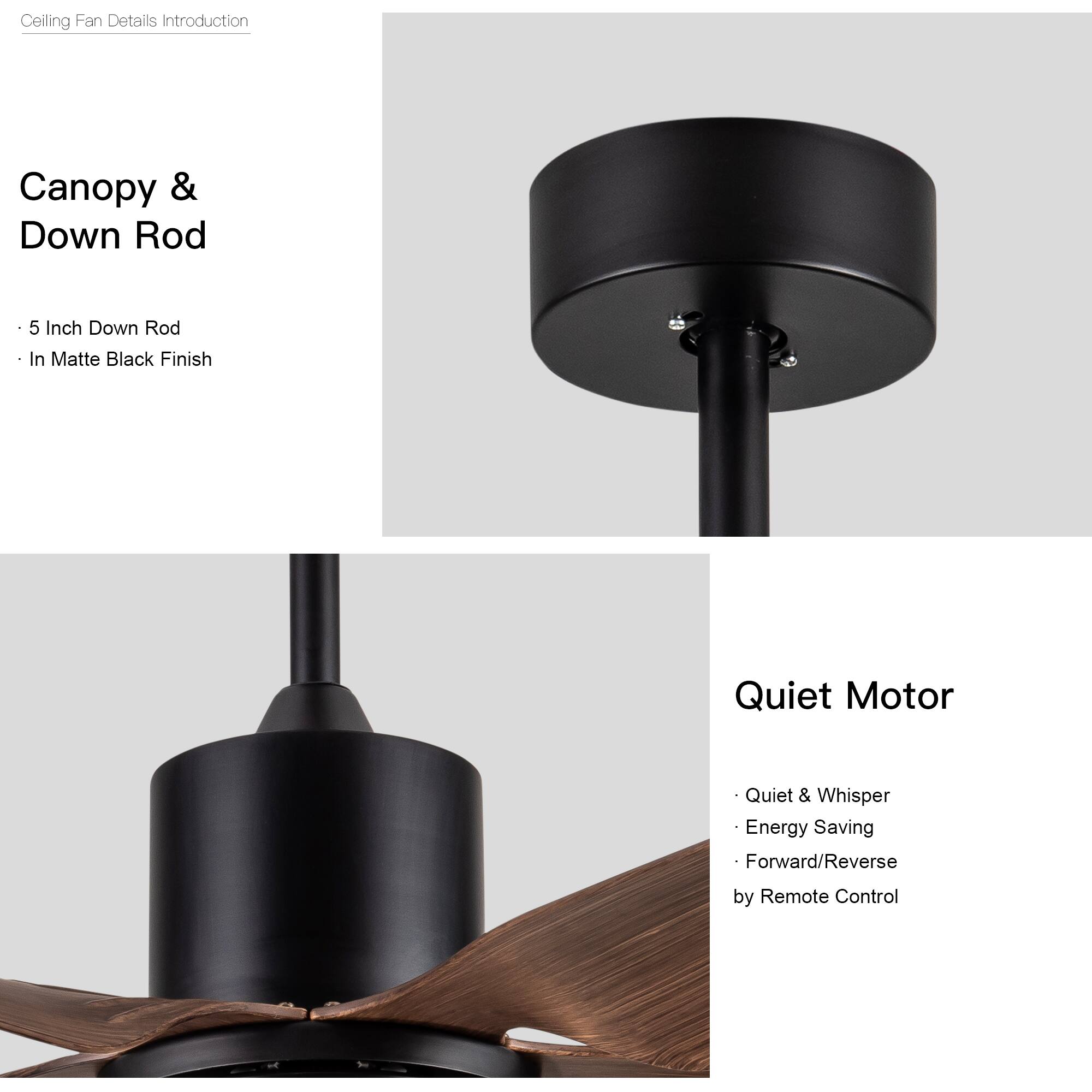 Ceiling Fan Details Introduction

Canopy & Down Rod
- 5 Inch Down Rod
- In Matte Black Finish

Quiet Motor
- Quiet & Whisper
- Energy Saving
- Forward/Reverse by Remote Control