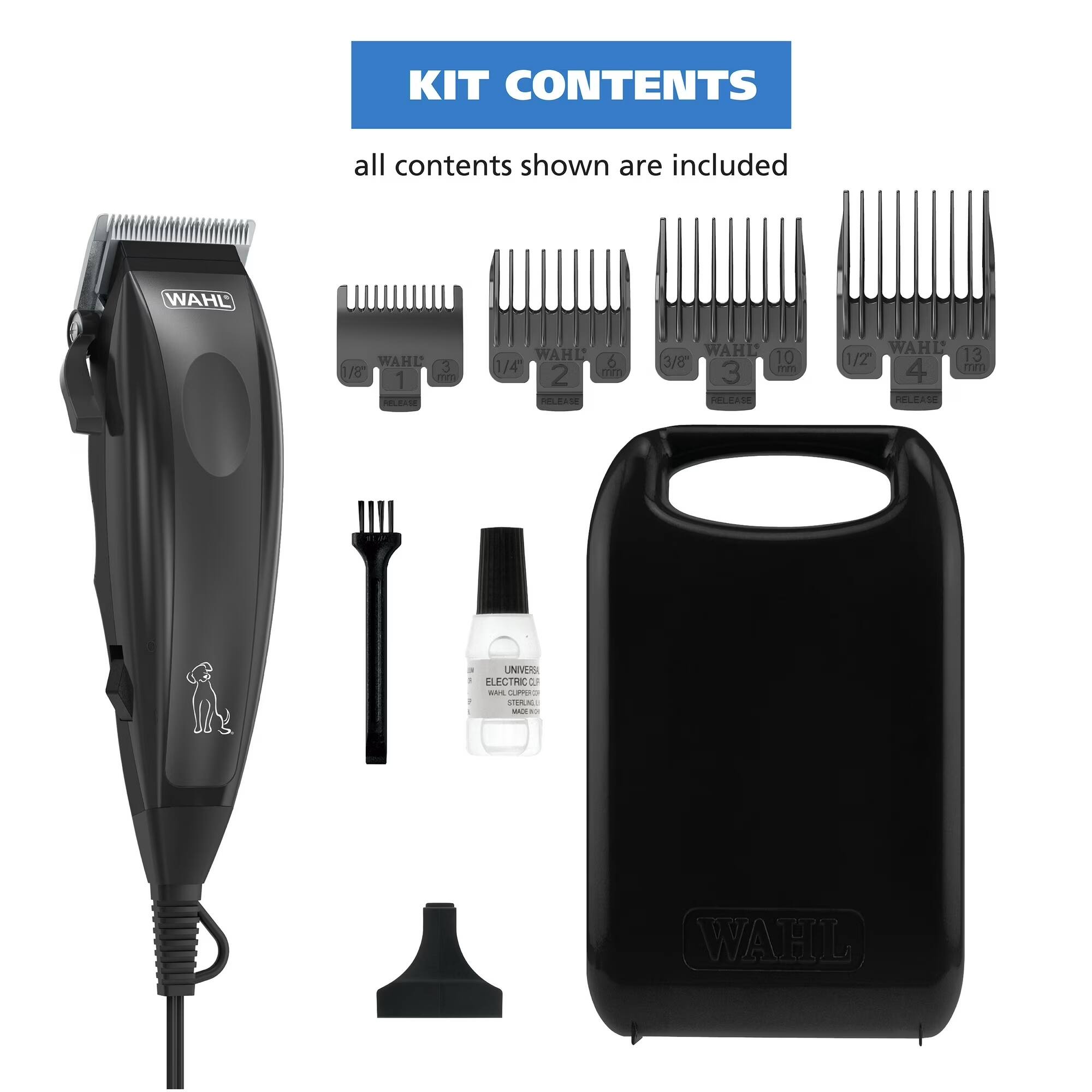 KIT CONTENTS  
all contents shown are included  

1. WAHL 3/16"  
2. WAHL 6 1/4 mm  
3. WAHL 3/8" 10 mm  
4. WAHL 13 1/2"  
5. UNIVERSAL ELECTRIC  
6. PT. HCR-A