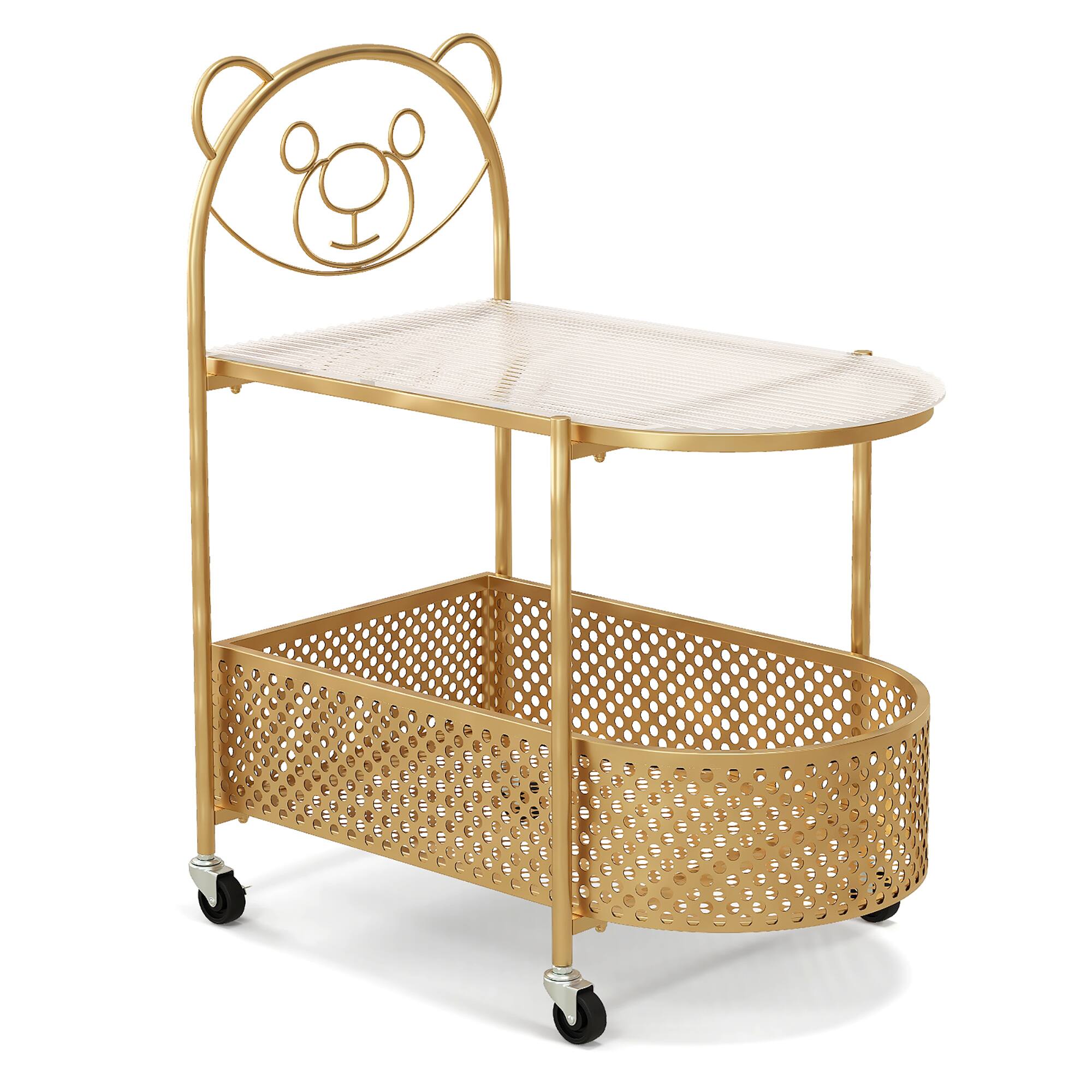 Alt View 9. Gymax - Gymax 2-Tier Mobile Glass Coffee Table w/ Bear Pattern Storage Basket Transparent & Golden - Transparent, Golden.
