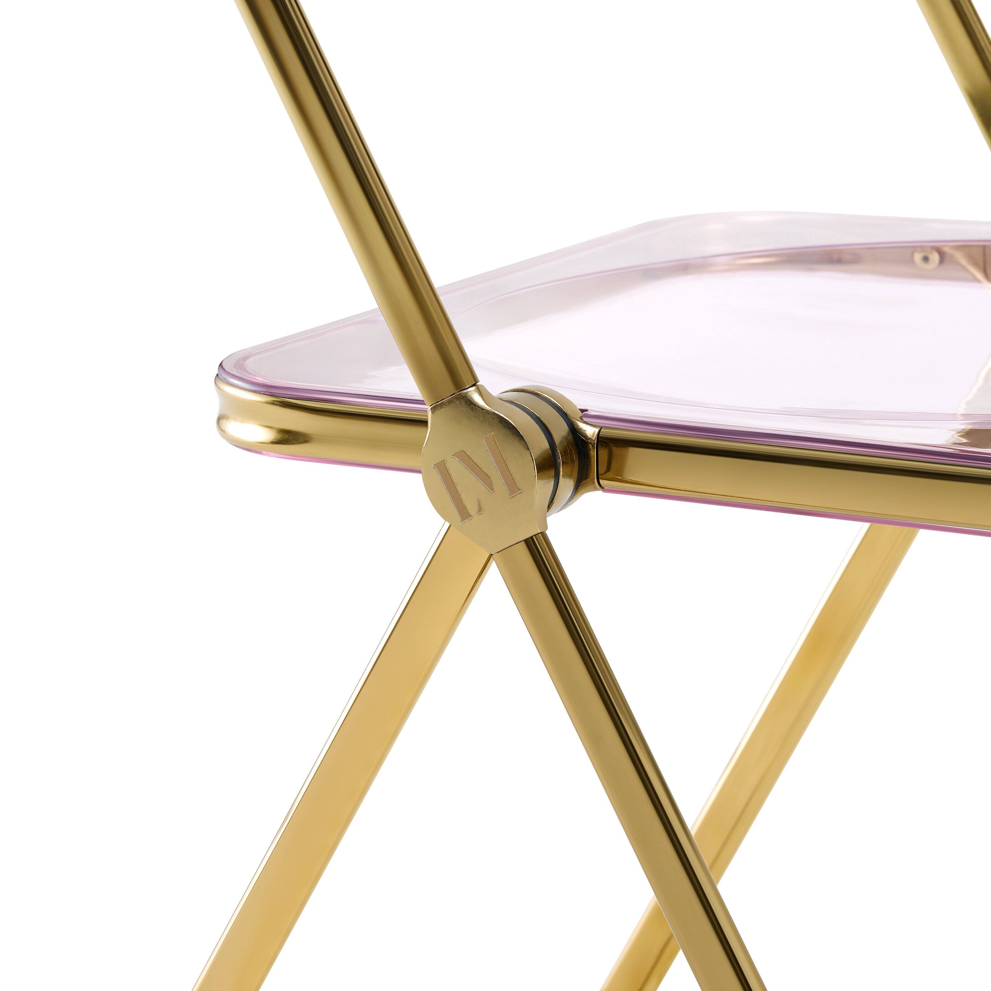 Alt View 4. LeisureMod - Lawrence 2-PCS Clear Accent Chair, Folding Acrylic Design with Gold Chrome Frame, Portable Assembled Seating - Rose Pink.