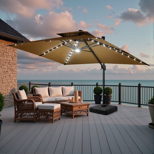 Alt View 4. Crestlive Products - Crestlive Products 13ft UPF50+ Aluminum Slide-tilt Cantilever Patio Umbrella with Light with 350lbs Pull rod Wheel Base - Brown.