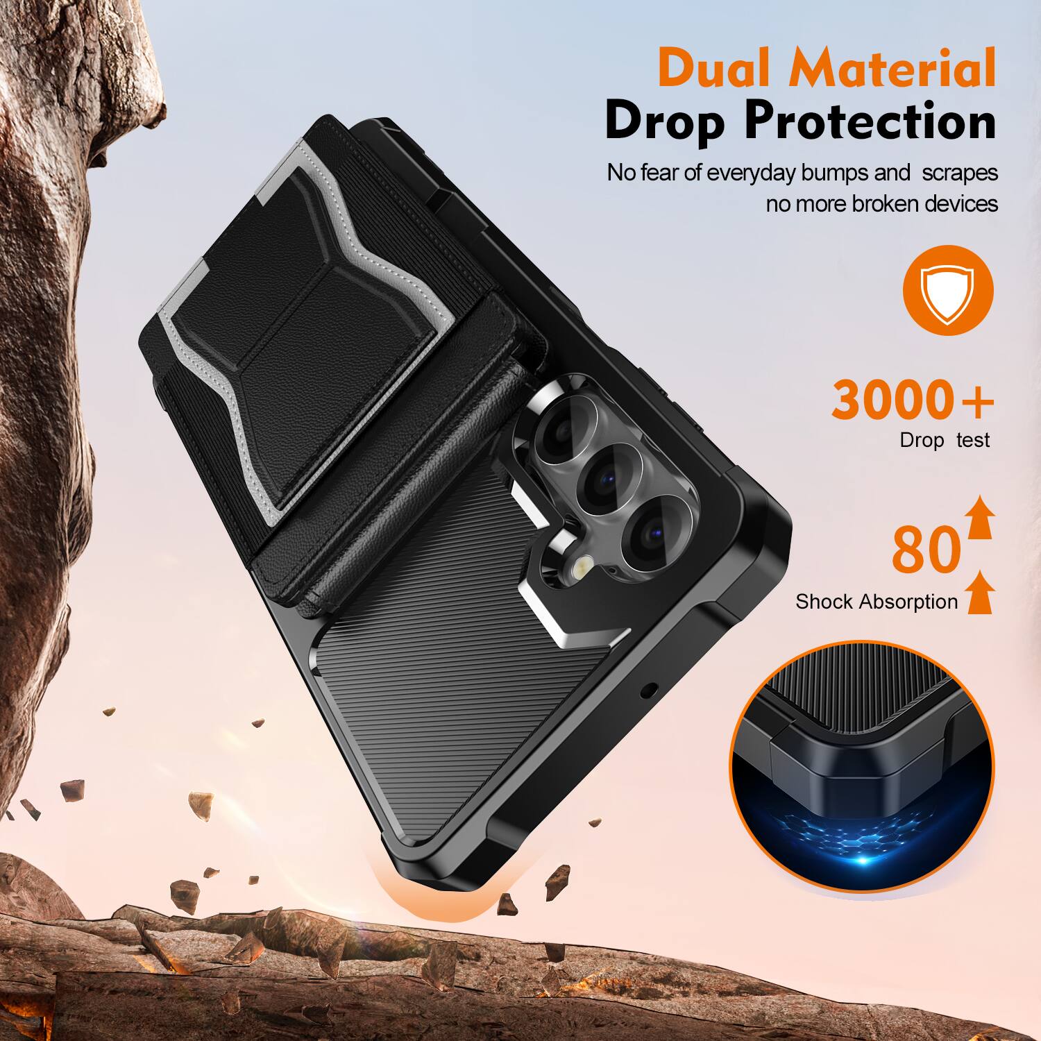 Dual Material Drop Protection  
No fear of everyday bumps and scrapes, no more broken devices  

3000+ Drop test  
80 Shock Absorption
