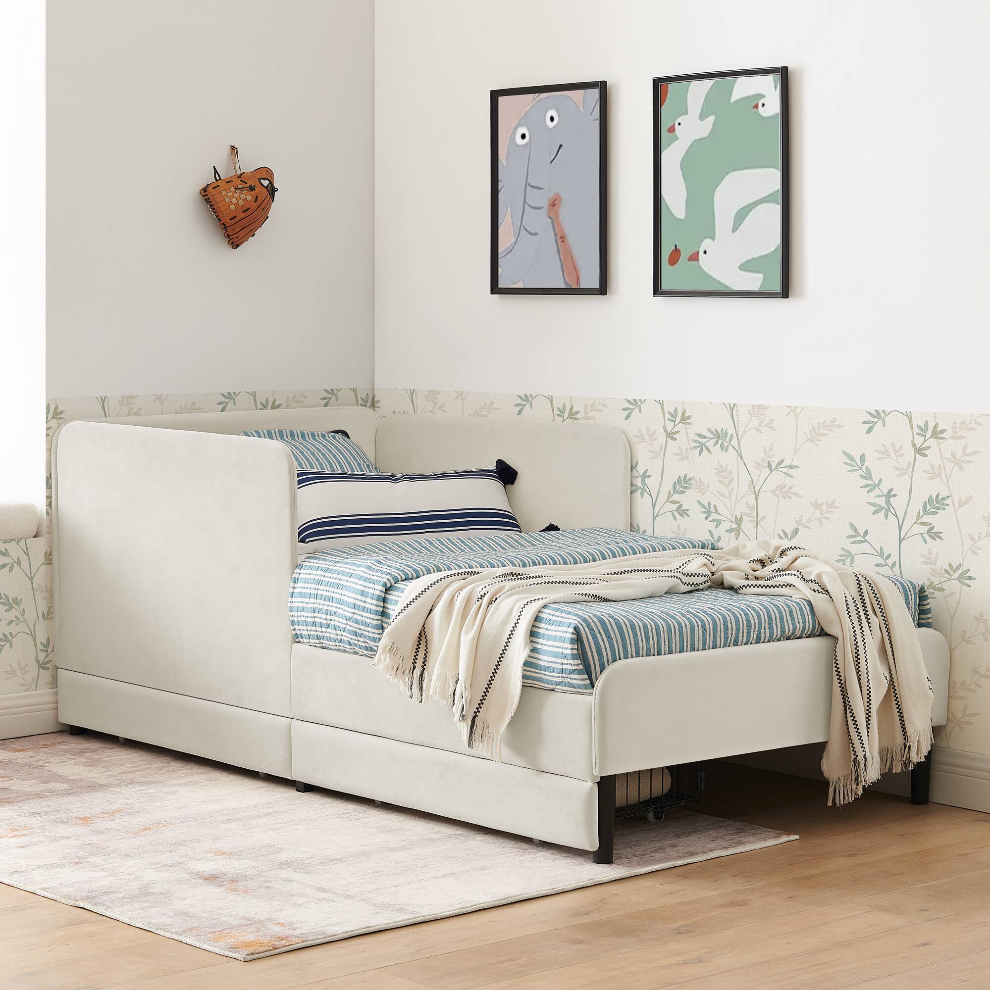 Alt View 1. TinyHomie - Twin Size Upholstered Platform Bed Frame 2 Storage Drawers Adjustable Velvet Sofa Bed Beige - white.