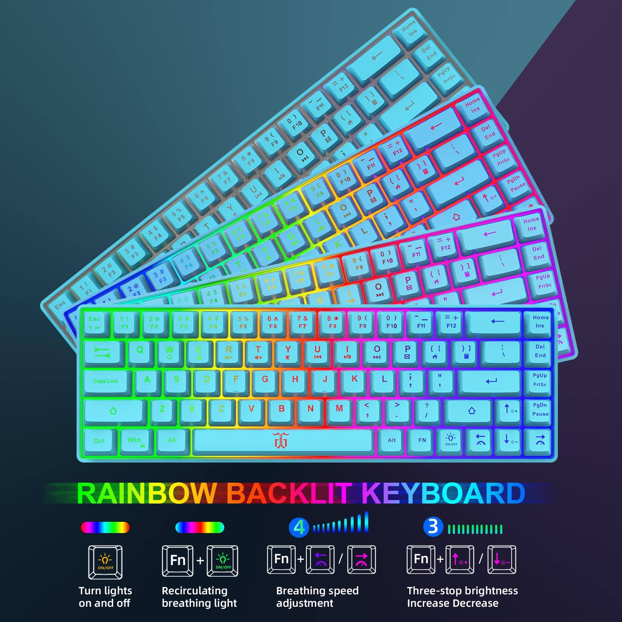Sure, here is the corrected and grouped text from the image:

---

**RAINBOW BACKLIT KEYBOARD**

- **Turn lights on and off**: Fn + N
- **Recirculating breathing light**: Fn + N
- **Breathing speed adjustment**: Fn + N
- **Three-stop brightness Increase Decrease**: Fn + N

---

**Keyboard Layout:**

- Esc 2 F2 F1 64E F3 2 a 1 F1 4 8 F3 F2 FS 3 F3 Home tae Del 1 End I Pylip = + Poldc F12 1 F1 - Home 1 DnR F10 d Del P a End 3 5 Fa + = O i F12 Paup FB HH PriSe F1 1 & I 7  2 I FT F10 Futmo A U  Fause Hee FB P FO   O HH i I Koma . L ins . F12 Del FS FT End FID FB 1 1  1 P Pgup  O 15 PriSs 5 Sas 1 5 A & + Home FS FE F7 F1 FS F10