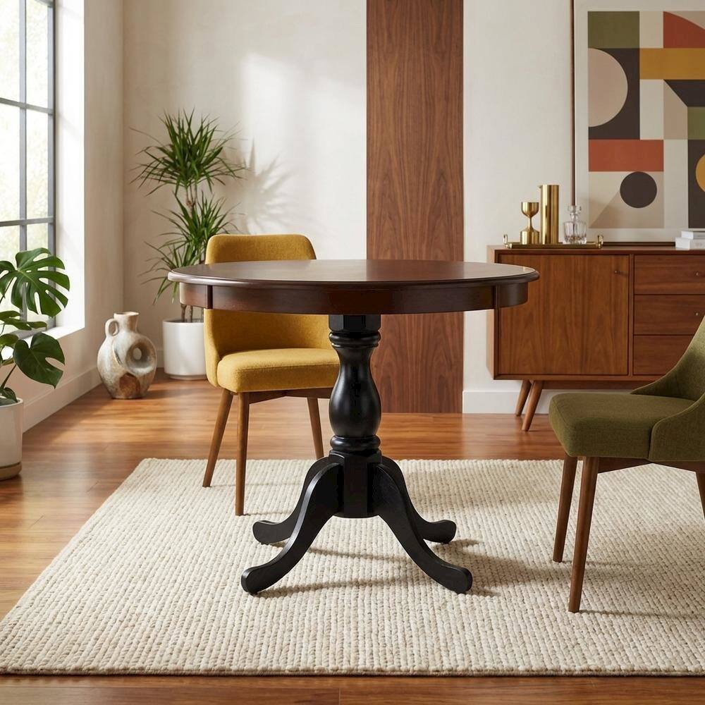 Alt View 3. FurniFact - Mahogany Black Round Pedestal Dining Table - Multi-Color.