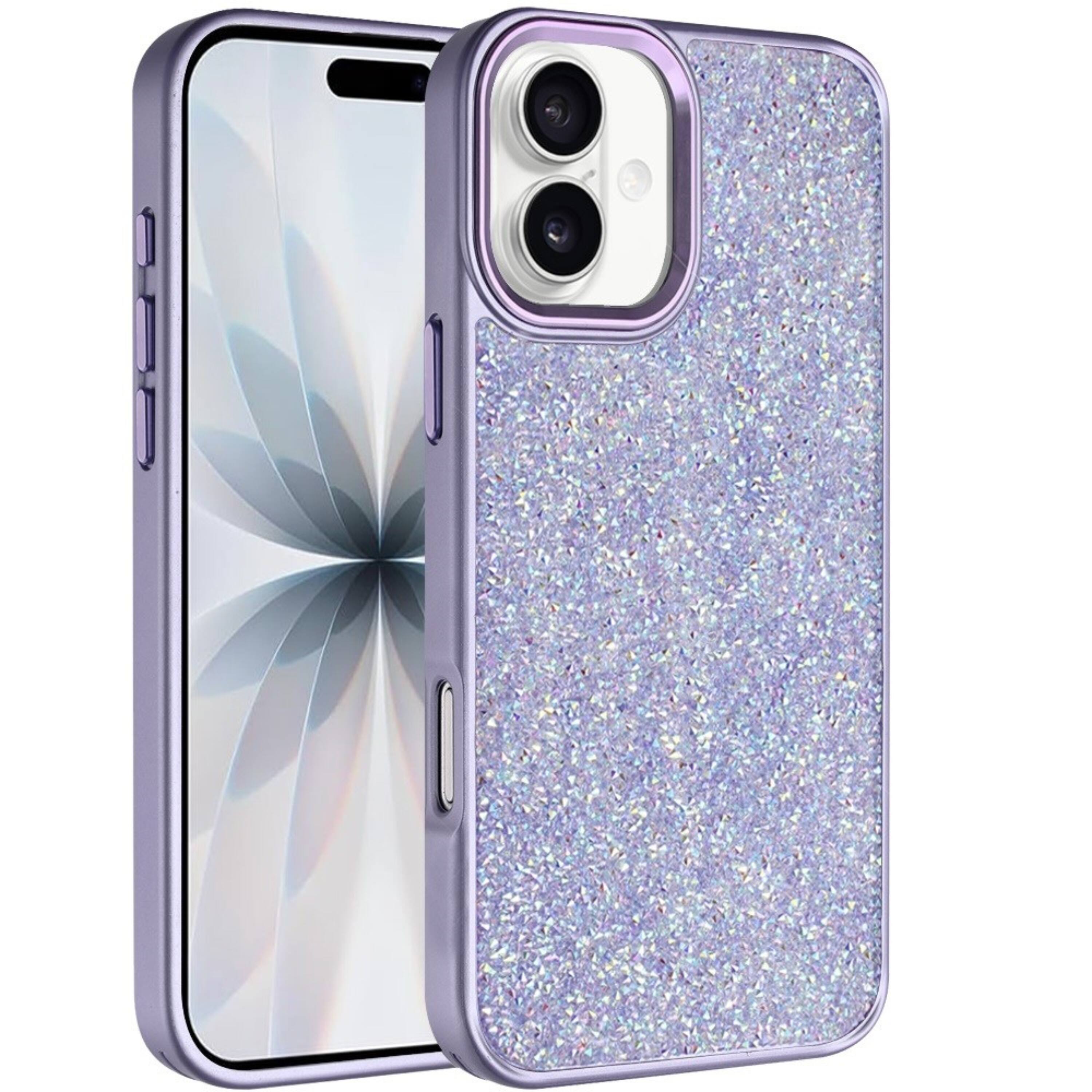 Angle. Kitcheniva - Full Crystal Bling Metallic Button Phone Case With Tempered Glass For iPhone 17 Purple - Purple.