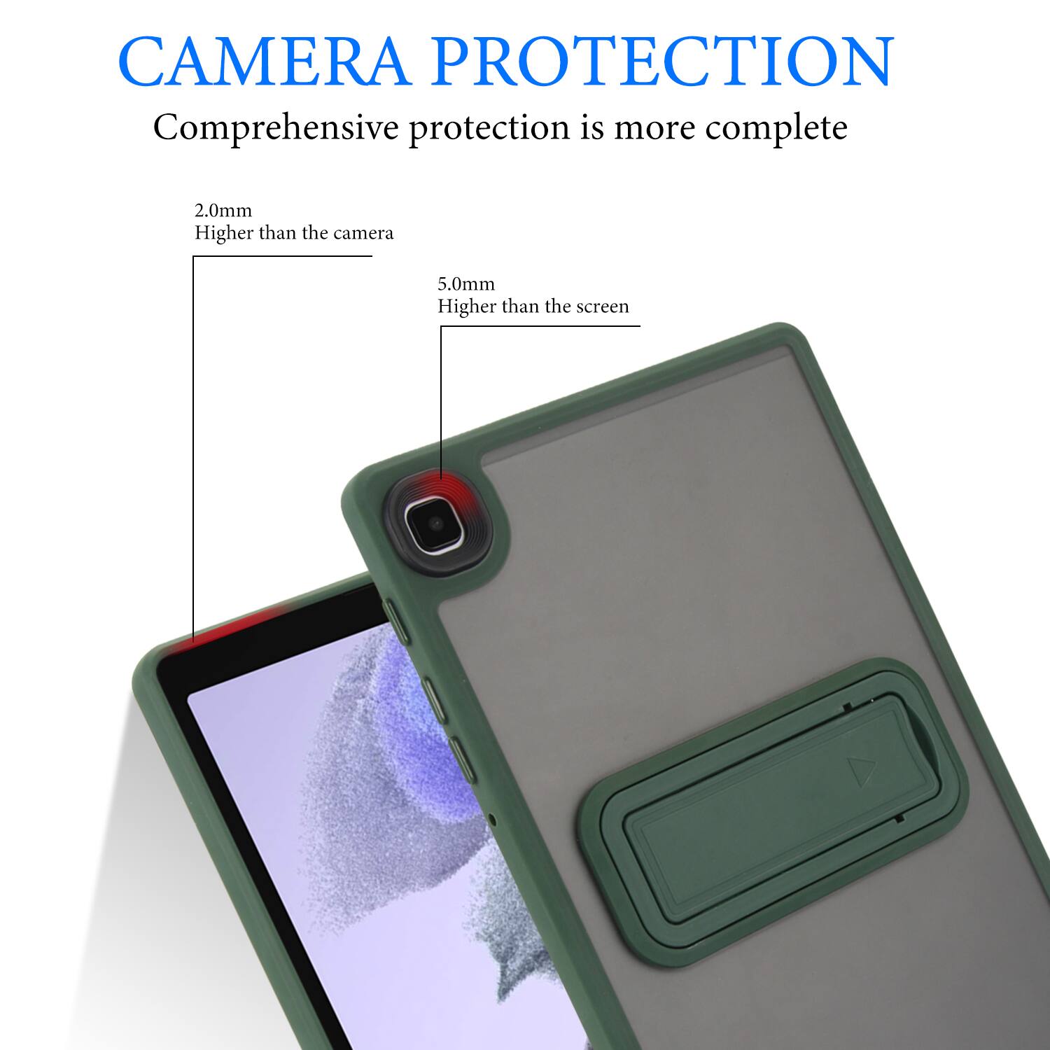 CAMERA PROTECTION  
Comprehensive protection is more complete  

2.0mm  
Higher than the camera  

5.0mm  
Higher than the screen