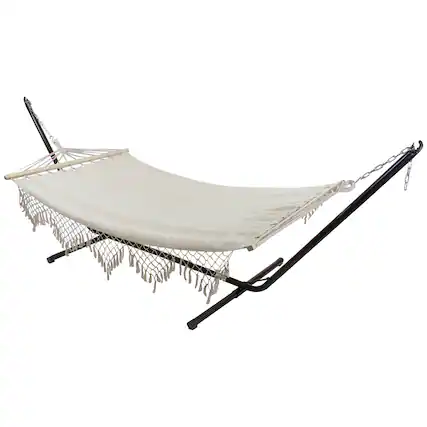 Front. Northlight - Macrame Cotton Hammock with Wooden Bars - 78" x 47" - Beige - Beige.
