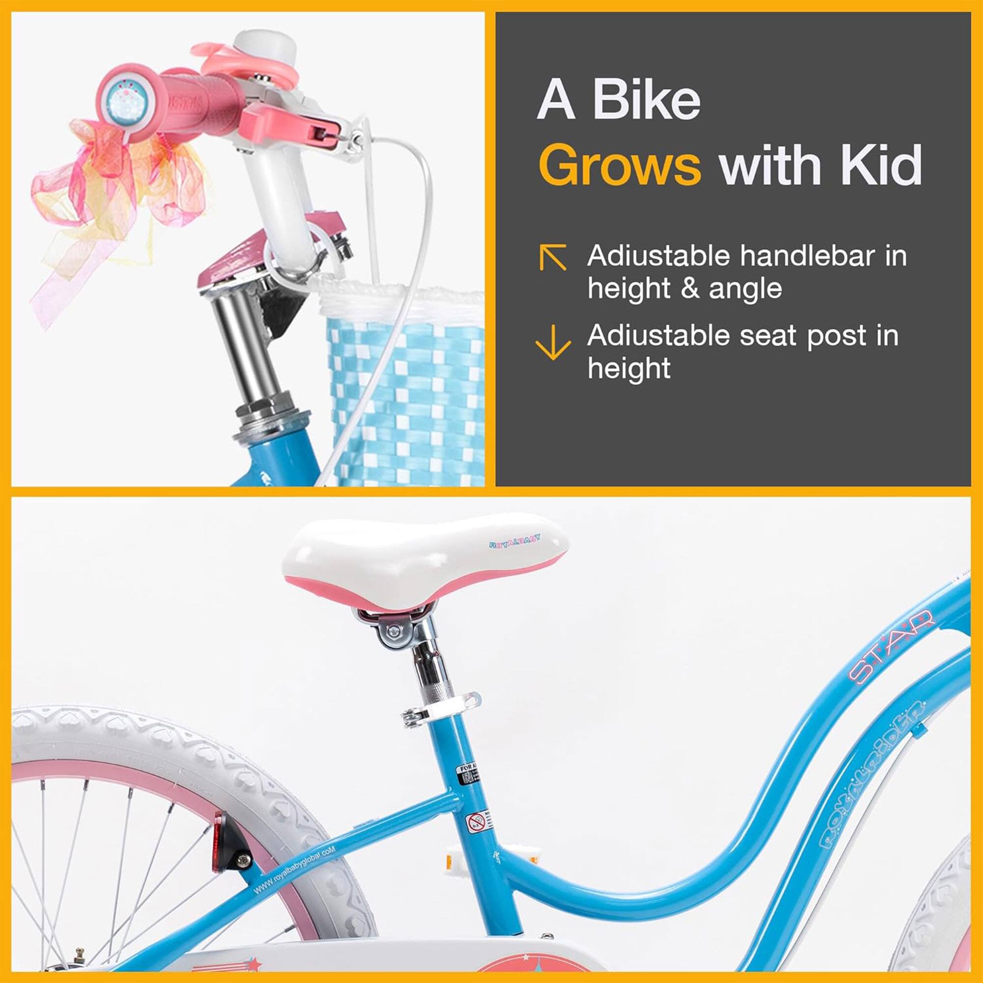 A Bike Grows with Kid  
Adjustable handlebar in height & angle  
Adjustable seat post in height  

REVARAT TOM  
www.myefabyghter.com  
STAR 1C