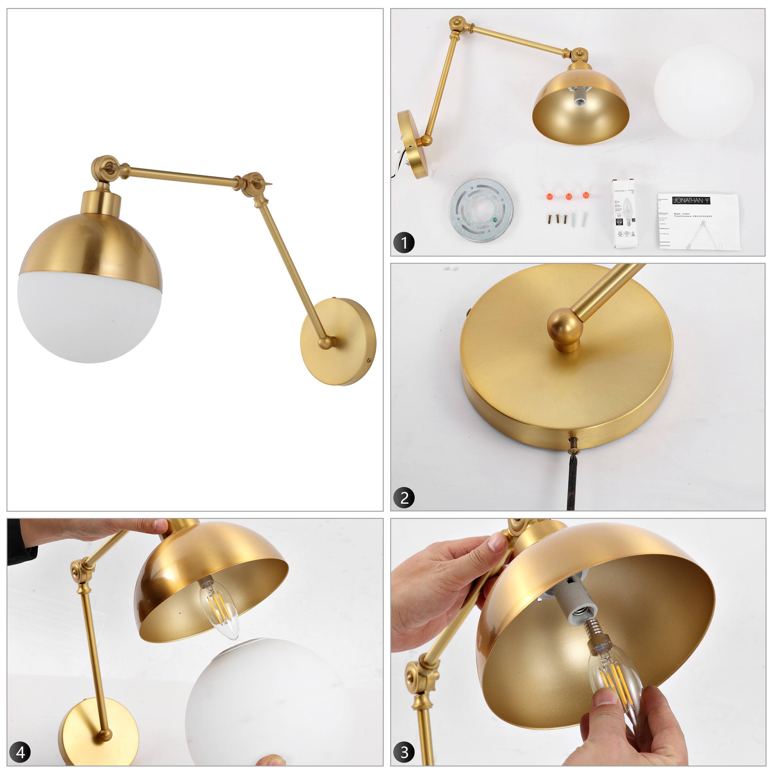 Alt View 8. Jonathan Y - Alba 8" 1-Light Modern Industrial Adjustable Swing Arm Metal Frosted Glass Globe LED Sconce, Brass Gold/Frosted - Brass Gold.