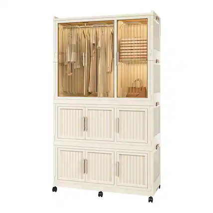 Front. GOODSILO - Portable Wardrobe Closet Storage Organizer with 9 Magnetic Doors, 9 Cubes and Hanging Rod for Clothing Organization - Cream White.
