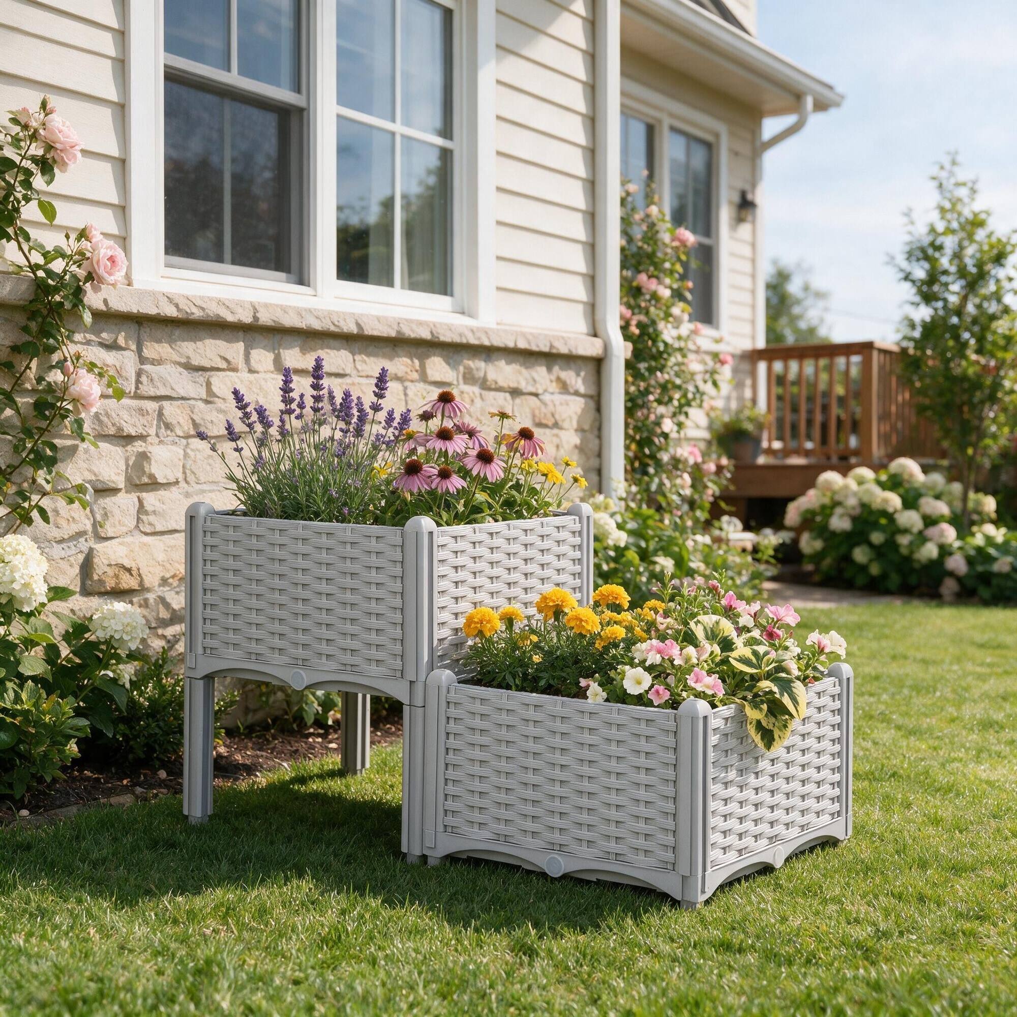 Angle. RYHNUYNE - Outsunny Raised Garden Bed with Legs, Self-Watering Planter Box, Polypropylene Rattan, Gray, Modular Set for Patio - Gray.