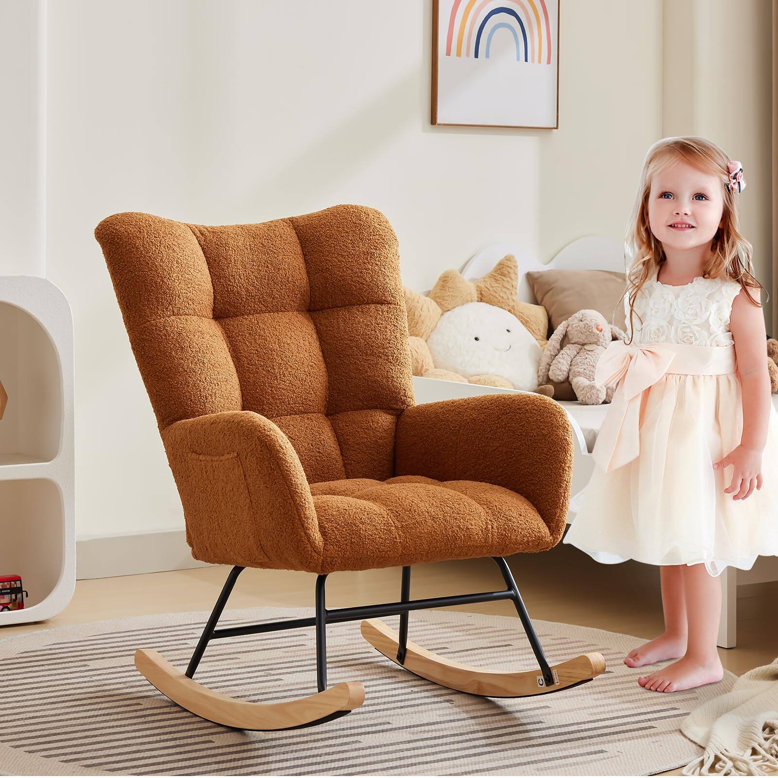 Alt View 3. Jojoka - Rocking Nursery Chair, Teddy Upholstered Glider with High Backrest, Armrests, Side Pockets Living Room or Nursery - Brown.