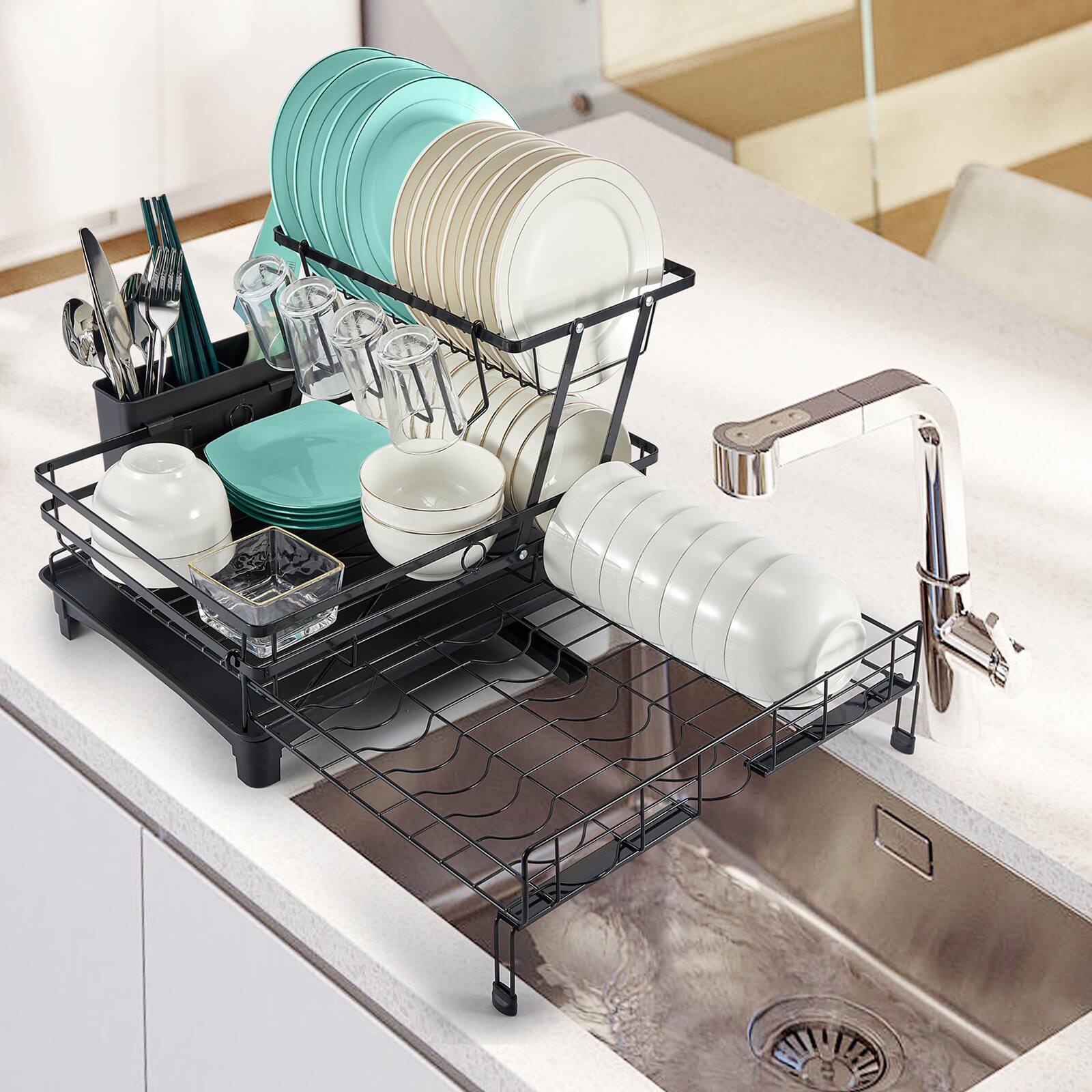 Alt View 8. Sugift - 2-Tier Collapsible Expandable Dish Rack with Rust-Resistant Stainless Steel Frame - Black.