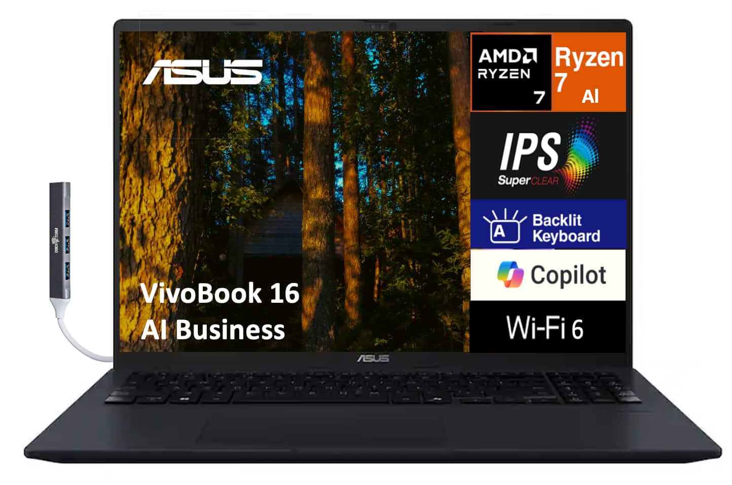 ASUS - VivoBook 16 Laptop 16.0 WUXGA (AMD Ryzen AI 7 350, 32GB DDR5, 2TB PCIe SSD, Win 11 Pro) w/USB Hub
