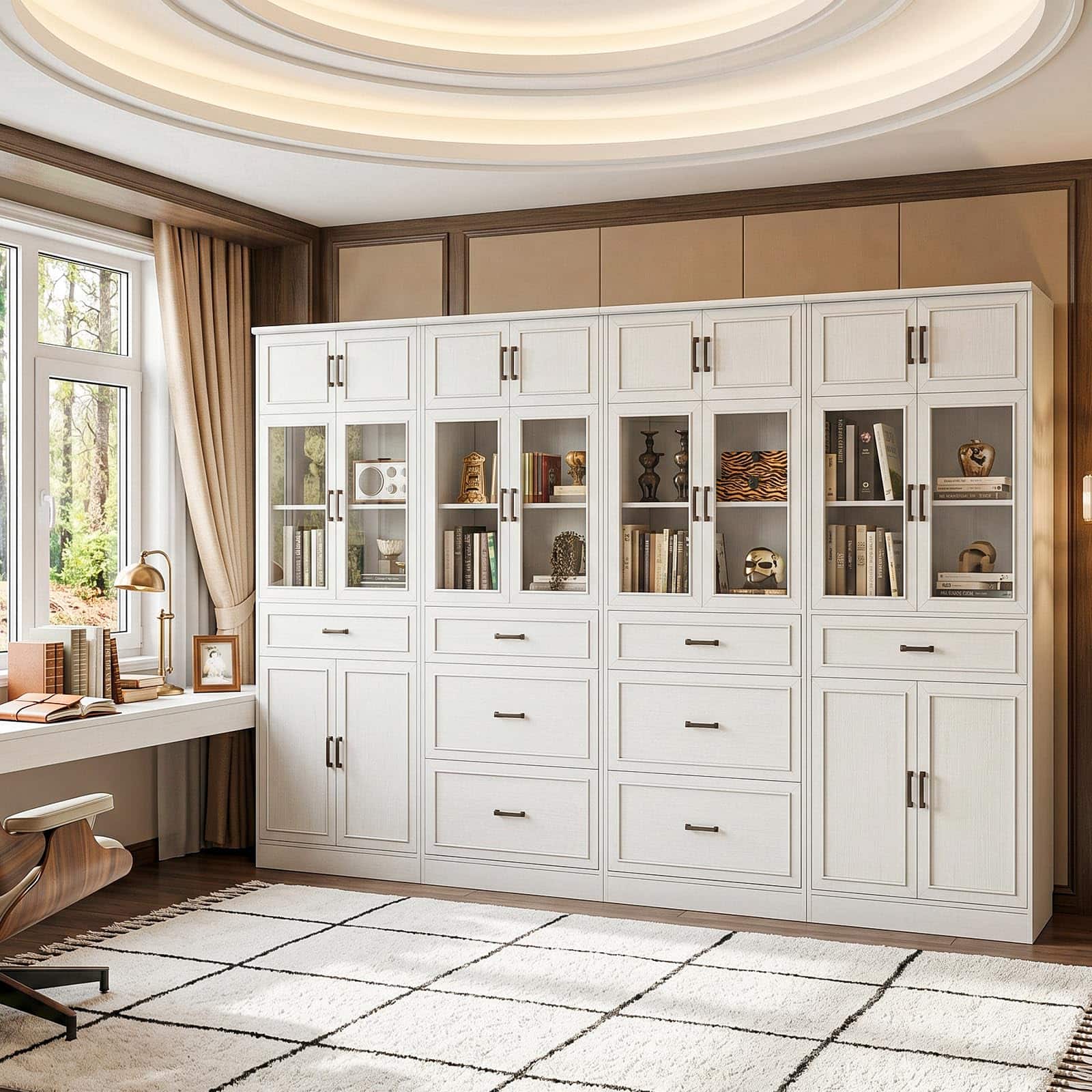 Front. Aheaplus - 80" Tall Modular Bookshelf and Storage Cabinet Set – Glass Doors, Drawers for Living Room, Home Office & Dining Area - White.