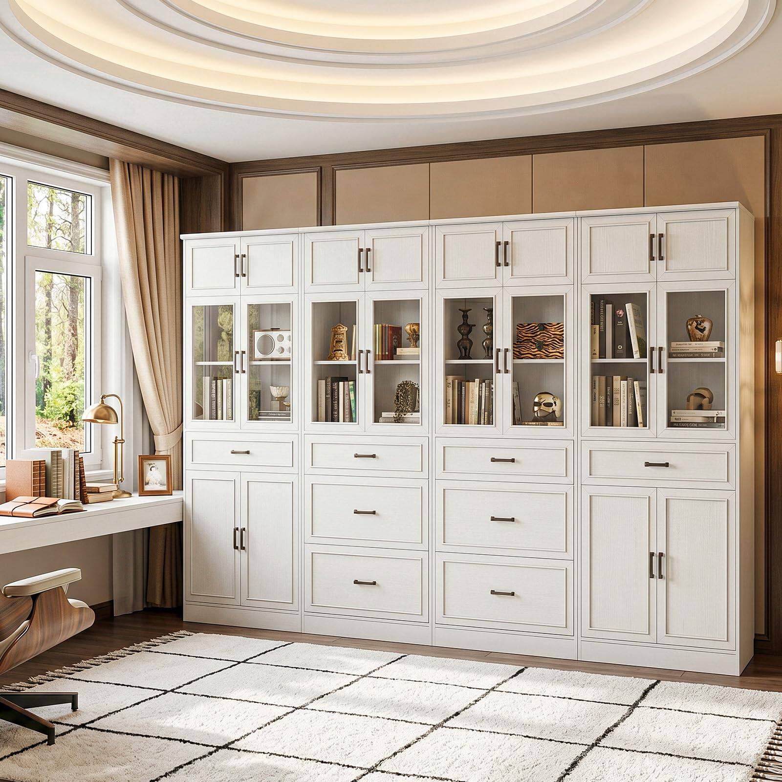 Front. Aheaplus - 80" Tall Modular Bookshelf and Storage Cabinet Set – Glass Doors, Drawers for Living Room, Home Office & Dining Area - White.