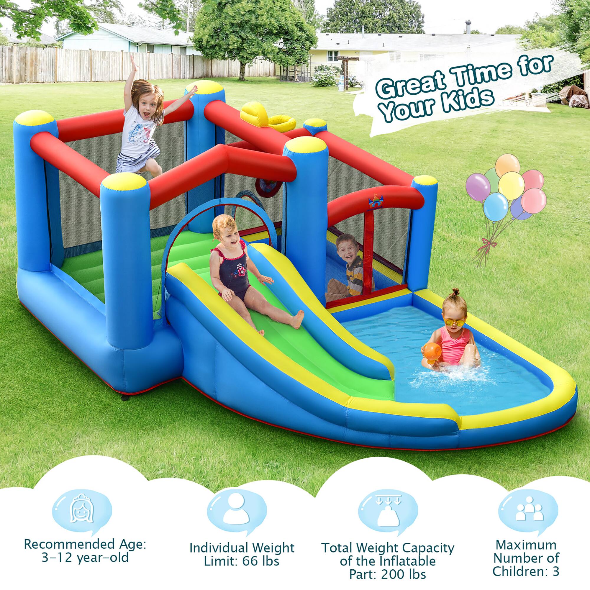 Great Time for Your Kids

Recommended Age: 3–12 year-old

Individual Weight Limit: 66 lbs

Total Weight Capacity of the Inflatable Part: 200 lbs

Maximum Number of Children: 3
