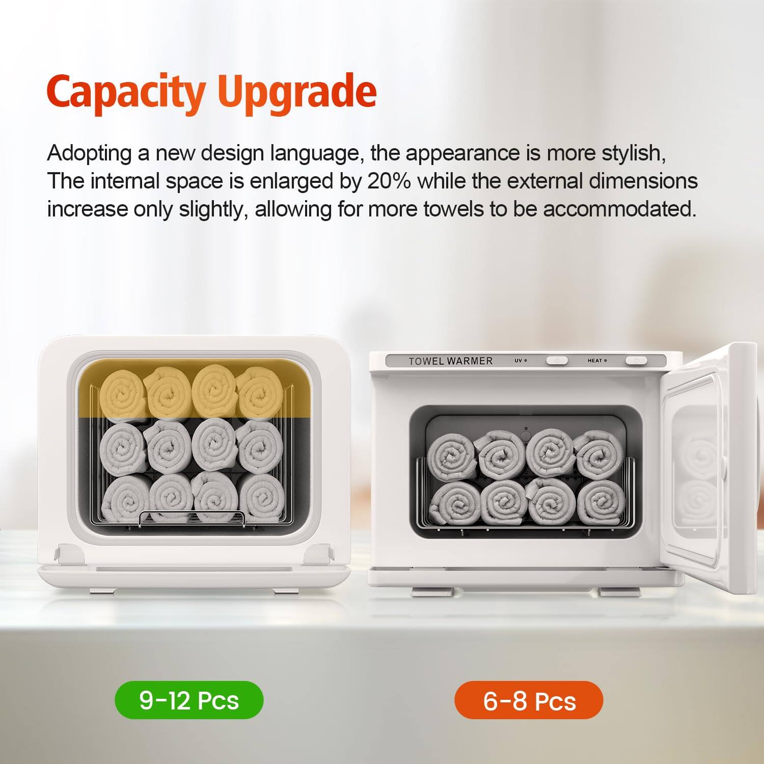 Capacity Upgrade

Adopting a new design language, the appearance is more stylish, The internal space is enlarged by 20% while the external dimensions increase only slightly, allowing for more towels to be accommodated.

9-12 Pcs

6-8 Pcs