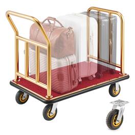 VEVOR - Hotel Luggage Cart, 750 lbs Heavy Duty Bellman Cart with Stainless Steel Frame, 6 in Rubber Wheels, Red Carpeted Deck - Gold