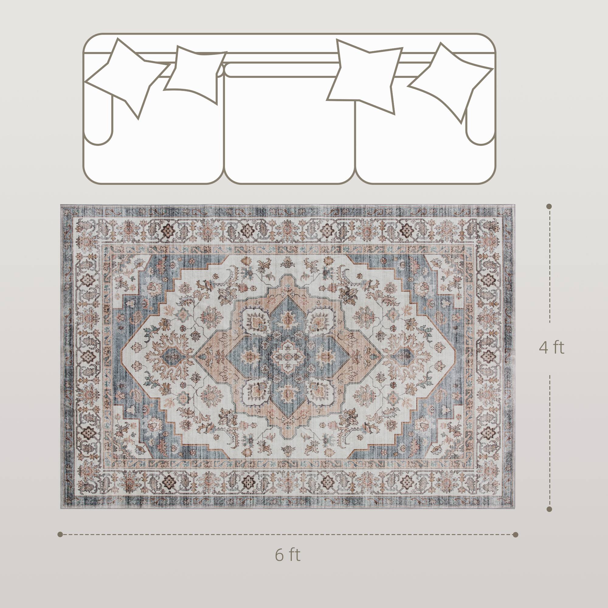 Alt View 3. Homcom - HOMCOM 4x6 Vintage Rug: Mach-Wash Non-Slip Light Blue Distress, Indoor Boho Carpet Living Room - Brown and Light Blue.